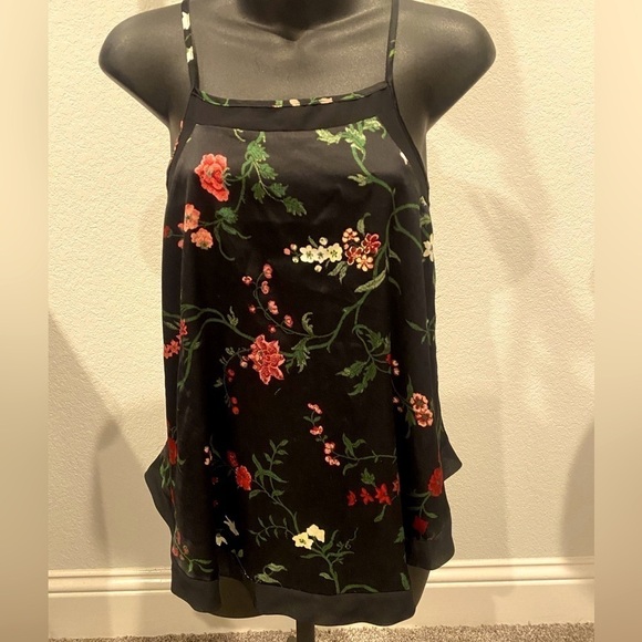 Gilligan & O’Malley silky floral loose tank cami, sz XS, sheer neckline & hem - Picture 1 of 5